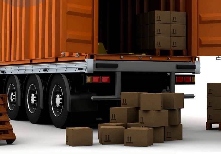Contenedor y plataforma con mercancía preparada para transporte de carga proyecto